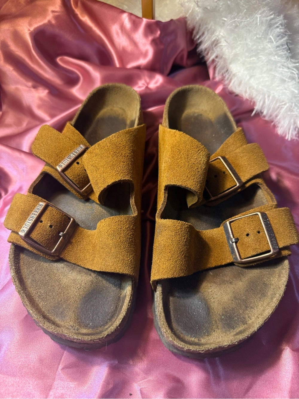 Birkenstock Two-Strap Suede Slide Sandals — Tan Brown